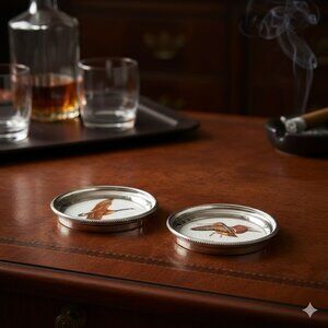 Vintage Set Sterling Silver Rim Bird Coasters Graff Washbourne & Dunn Mid Centur